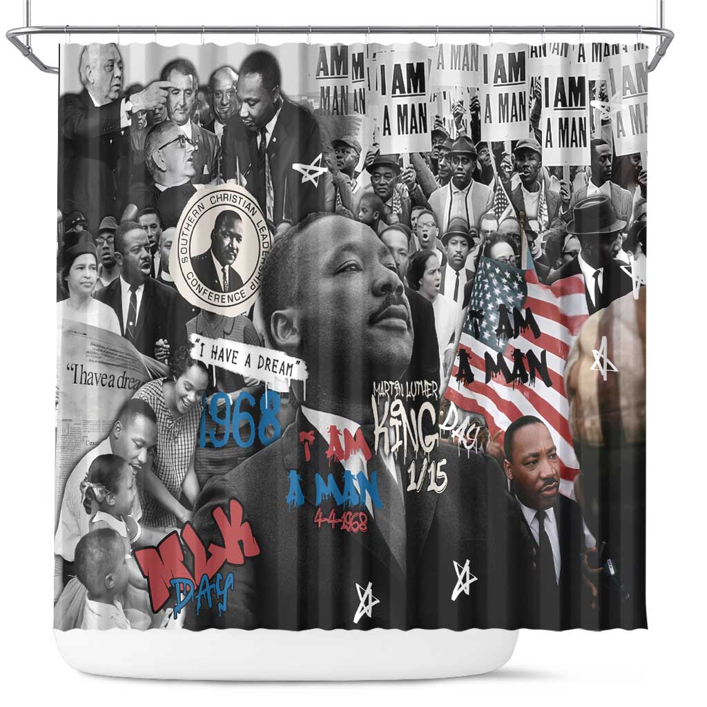 Martin Luther King Day Tribute Shower Curtain Civil Rights Collage and Classic American Street Graffiti Colors - Wonder Print Shop