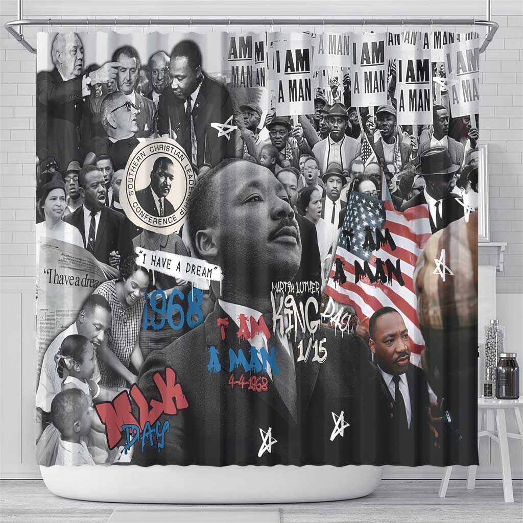 Martin Luther King Day Tribute Shower Curtain Civil Rights Collage and Classic American Street Graffiti Colors - Wonder Print Shop