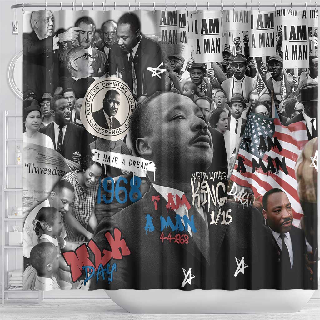 Martin Luther King Day Tribute Shower Curtain Civil Rights Collage and Classic American Street Graffiti Colors - Wonder Print Shop