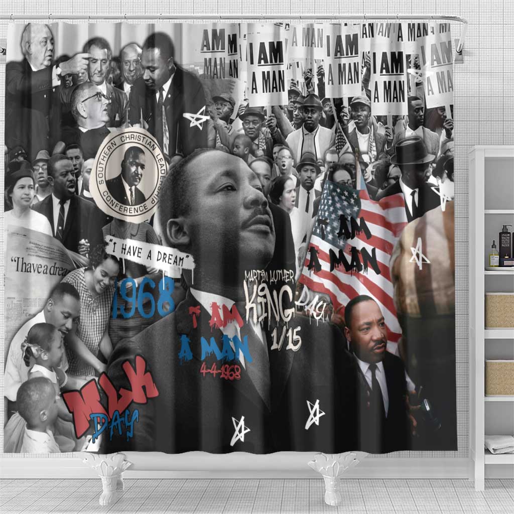 Martin Luther King Day Tribute Shower Curtain Civil Rights Collage and Classic American Street Graffiti Colors - Wonder Print Shop
