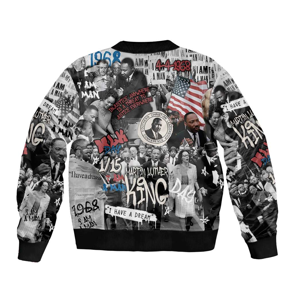 Martin Luther King Day Tribute Sleeve Zip Bomber Jacket Civil Rights Collage and Classic American Street Graffiti Colors - Wonder Print Shop