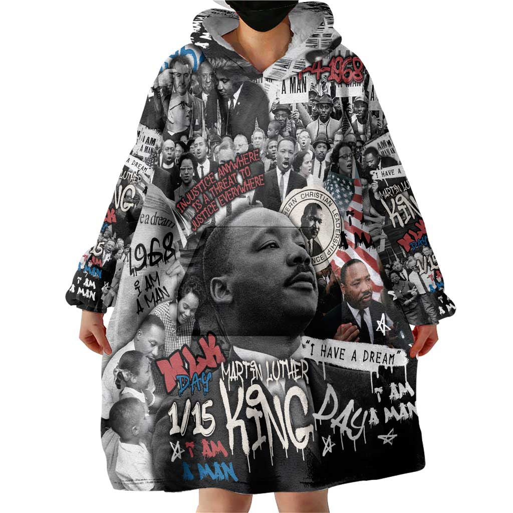 Martin Luther King Day Tribute Wearable Blanket Hoodie Civil Rights Collage and Classic American Street Graffiti Colors - Wonder Print Shop