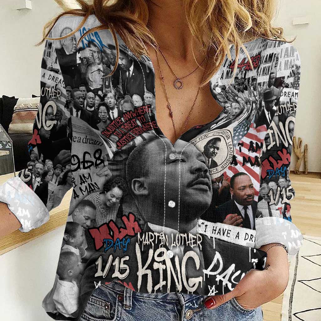 Martin Luther King Day Tribute Women Casual Shirt Civil Rights Collage and Classic American Street Graffiti Colors - Wonder Print Shop