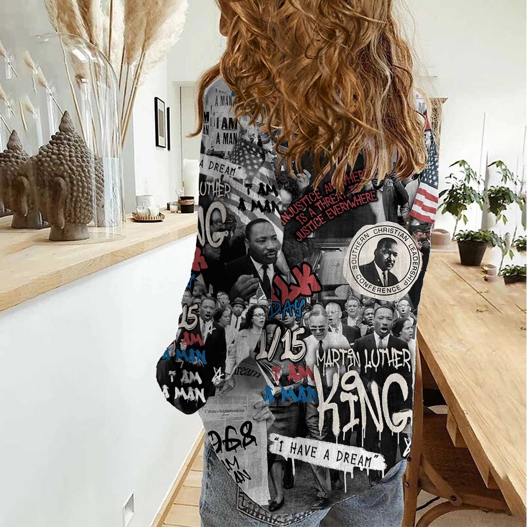 Martin Luther King Day Tribute Women Casual Shirt Civil Rights Collage and Classic American Street Graffiti Colors - Wonder Print Shop