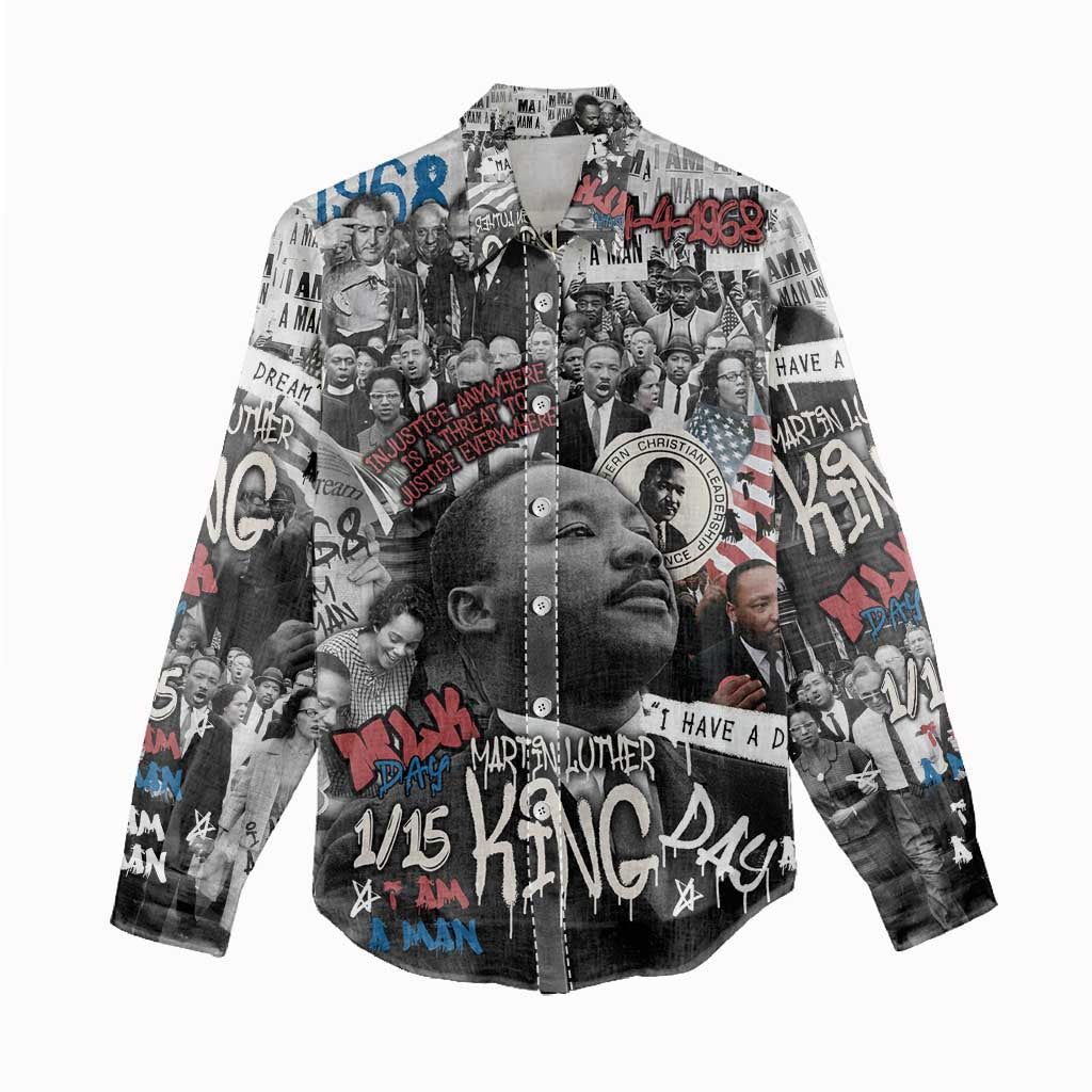 Martin Luther King Day Tribute Women Casual Shirt Civil Rights Collage and Classic American Street Graffiti Colors - Wonder Print Shop