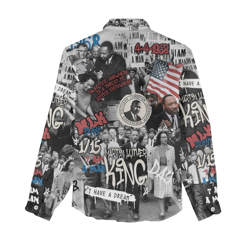 Martin Luther King Day Tribute Women Casual Shirt Civil Rights Collage and Classic American Street Graffiti Colors - Wonder Print Shop