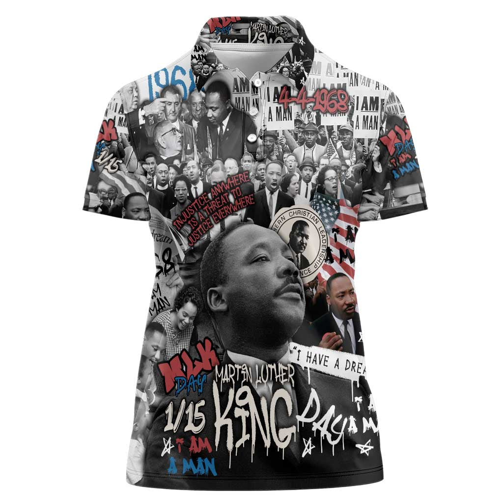 Martin Luther King Day Tribute Women Polo Shirt Civil Rights Collage and Classic American Street Graffiti Colors - Wonder Print Shop