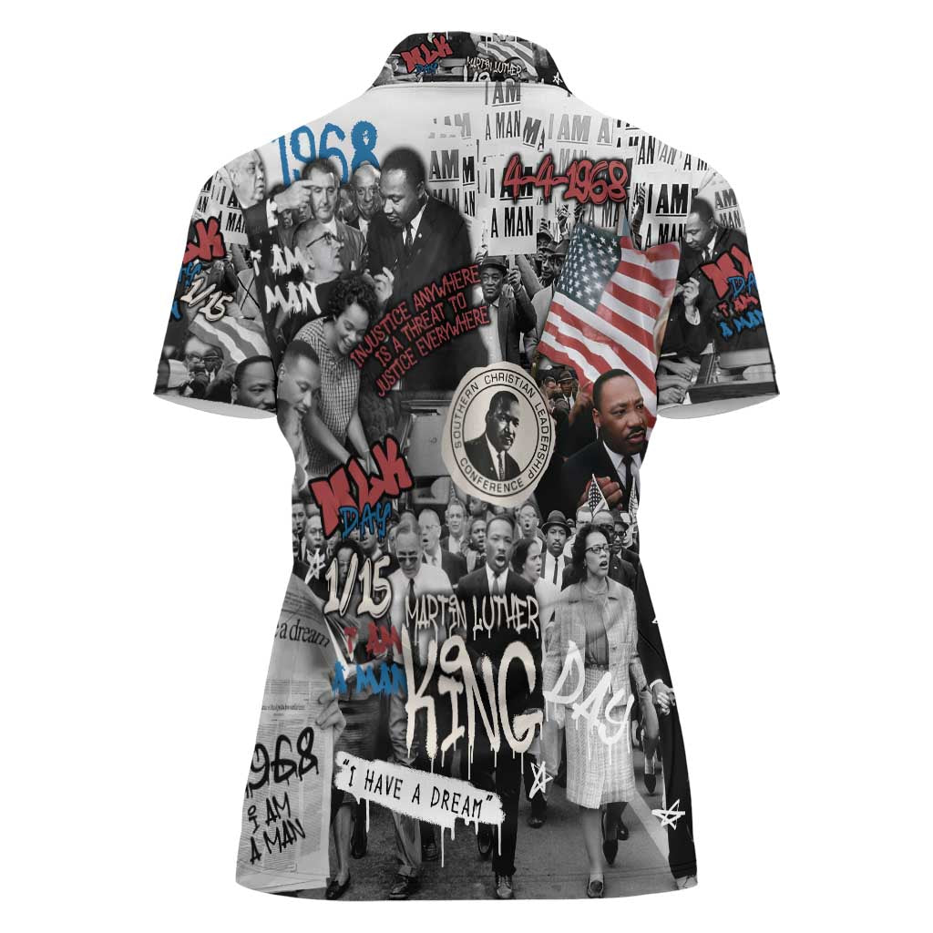 Martin Luther King Day Tribute Women Polo Shirt Civil Rights Collage and Classic American Street Graffiti Colors - Wonder Print Shop