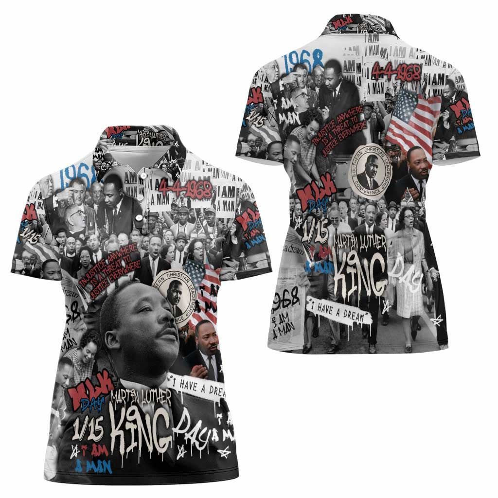 Martin Luther King Day Tribute Women Polo Shirt Civil Rights Collage and Classic American Street Graffiti Colors - Wonder Print Shop