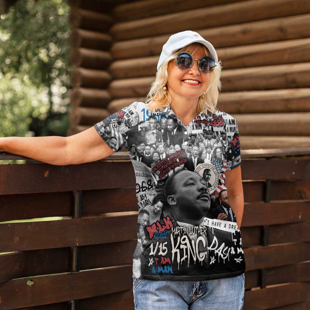 Martin Luther King Day Tribute Women Polo Shirt Civil Rights Collage and Classic American Street Graffiti Colors - Wonder Print Shop