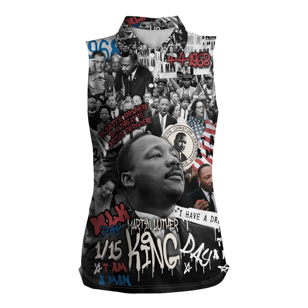 Martin Luther King Day Tribute Women Sleeveless Polo Shirt Civil Rights Collage and Classic American Street Graffiti Colors - Wonder Print Shop