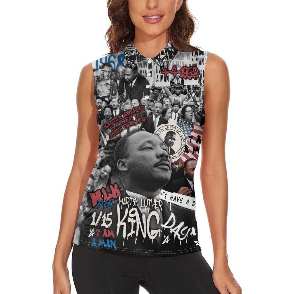 Martin Luther King Day Tribute Women Sleeveless Polo Shirt Civil Rights Collage and Classic American Street Graffiti Colors - Wonder Print Shop