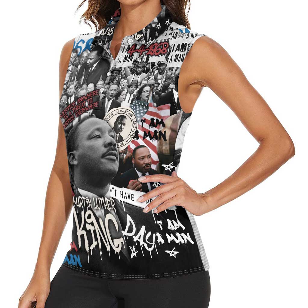 Martin Luther King Day Tribute Women Sleeveless Polo Shirt Civil Rights Collage and Classic American Street Graffiti Colors - Wonder Print Shop