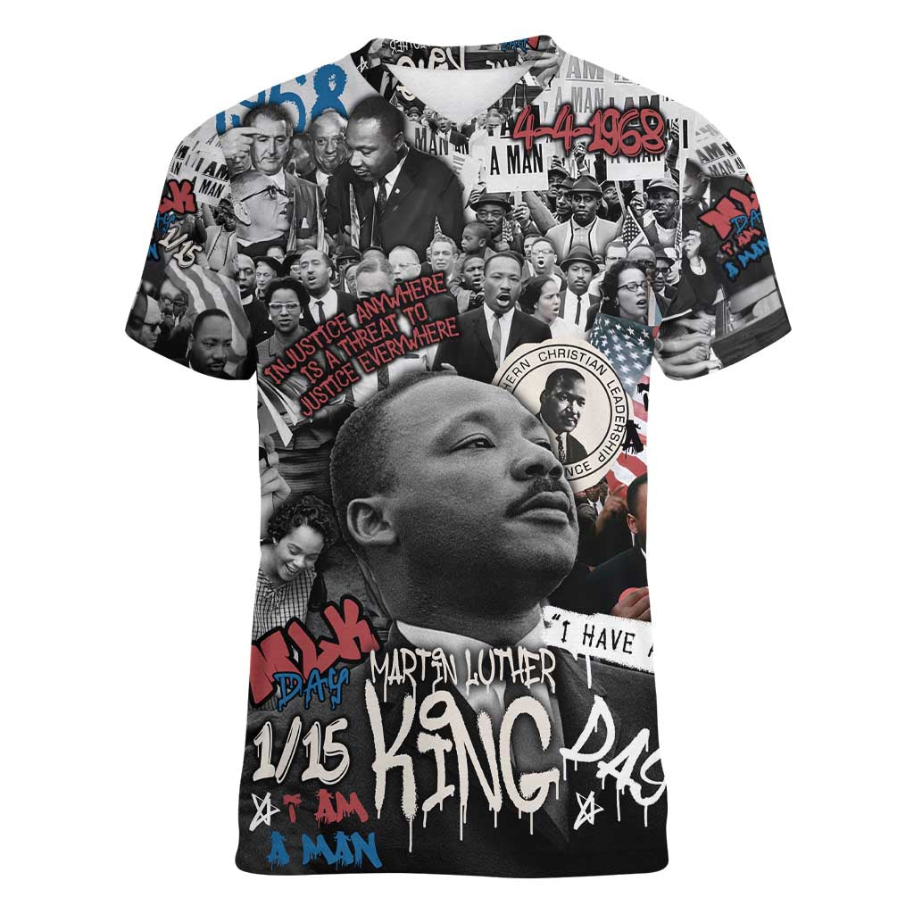 Martin Luther King Day Tribute Women V-Neck T-Shirt Civil Rights Collage and Classic American Street Graffiti Colors - Wonder Print Shop