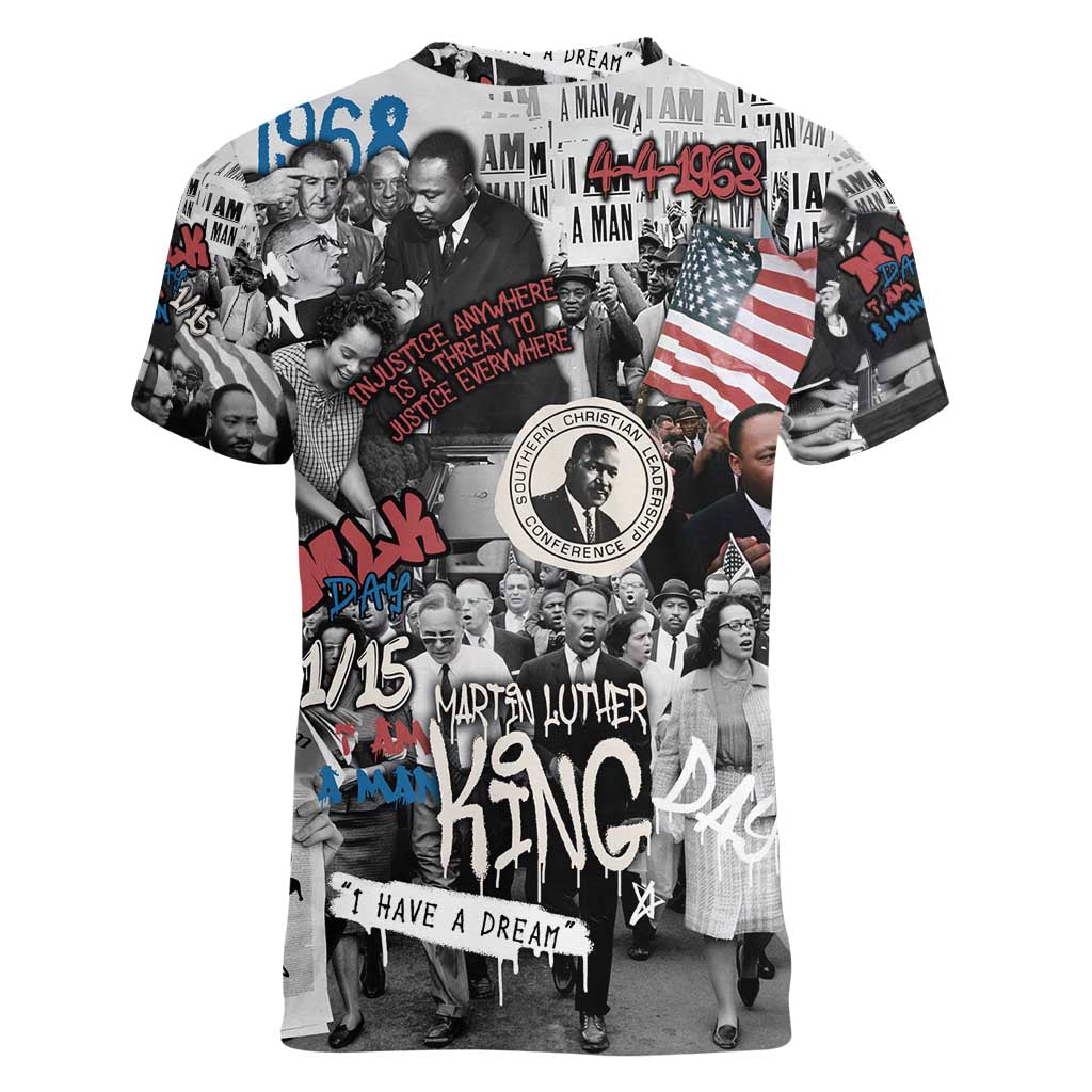Martin Luther King Day Tribute Women V-Neck T-Shirt Civil Rights Collage and Classic American Street Graffiti Colors - Wonder Print Shop