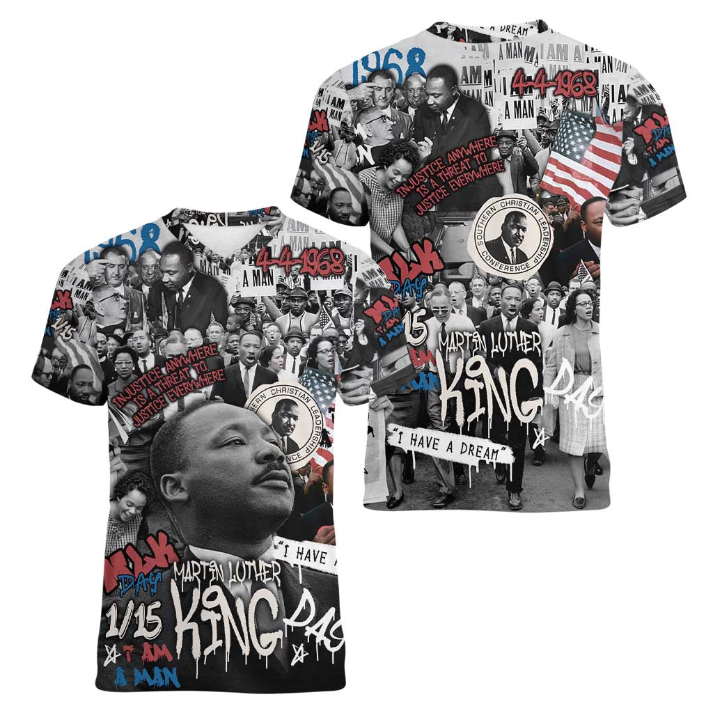 Martin Luther King Day Tribute Women V-Neck T-Shirt Civil Rights Collage and Classic American Street Graffiti Colors - Wonder Print Shop