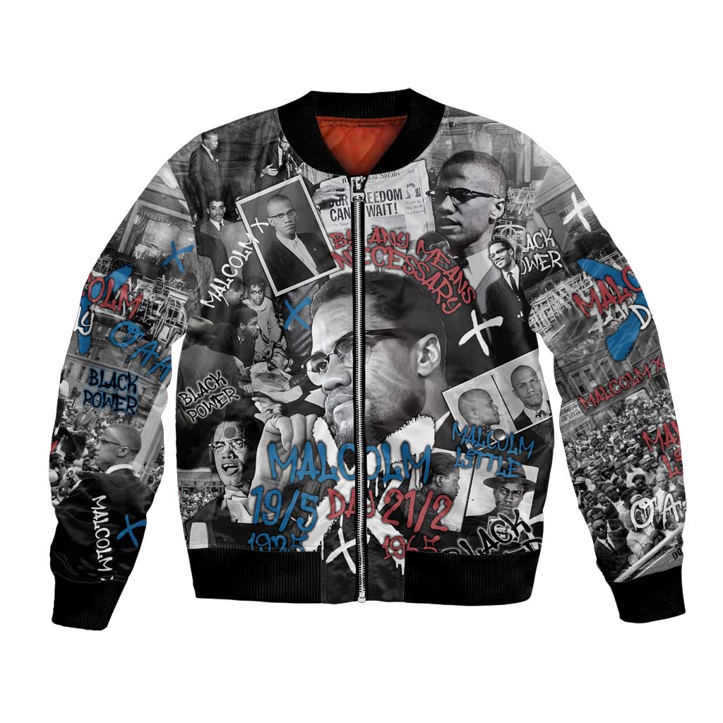 Malcolm X Bomber Jacket Quotes Dates and Black History Activist Theme - Wonder Print Shop