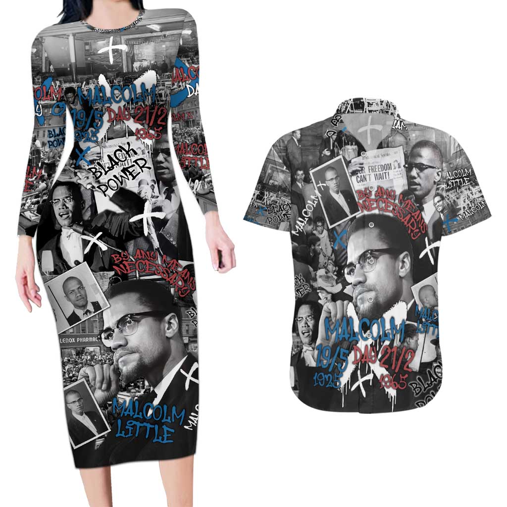 Malcolm X Couples Matching Long Sleeve Bodycon Dress and Hawaiian Shirt Quotes Dates and Black History Activist Theme - Wonder Print Shop