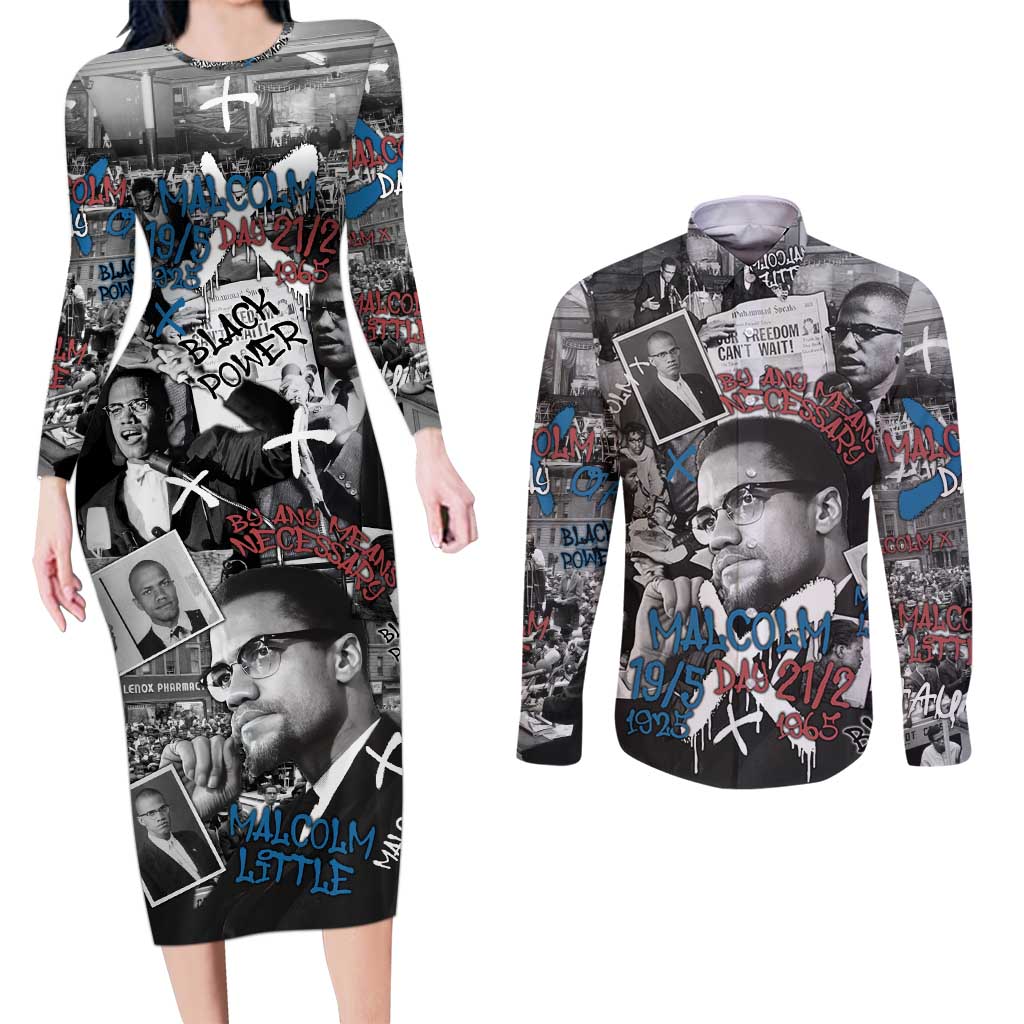 Malcolm X Couples Matching Long Sleeve Bodycon Dress and Long Sleeve Button Shirt Quotes Dates and Black History Activist Theme - Wonder Print Shop