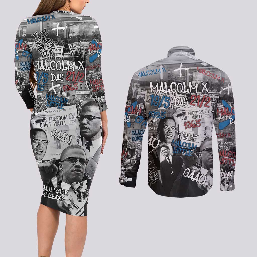 Malcolm X Couples Matching Long Sleeve Bodycon Dress and Long Sleeve Button Shirt Quotes Dates and Black History Activist Theme - Wonder Print Shop