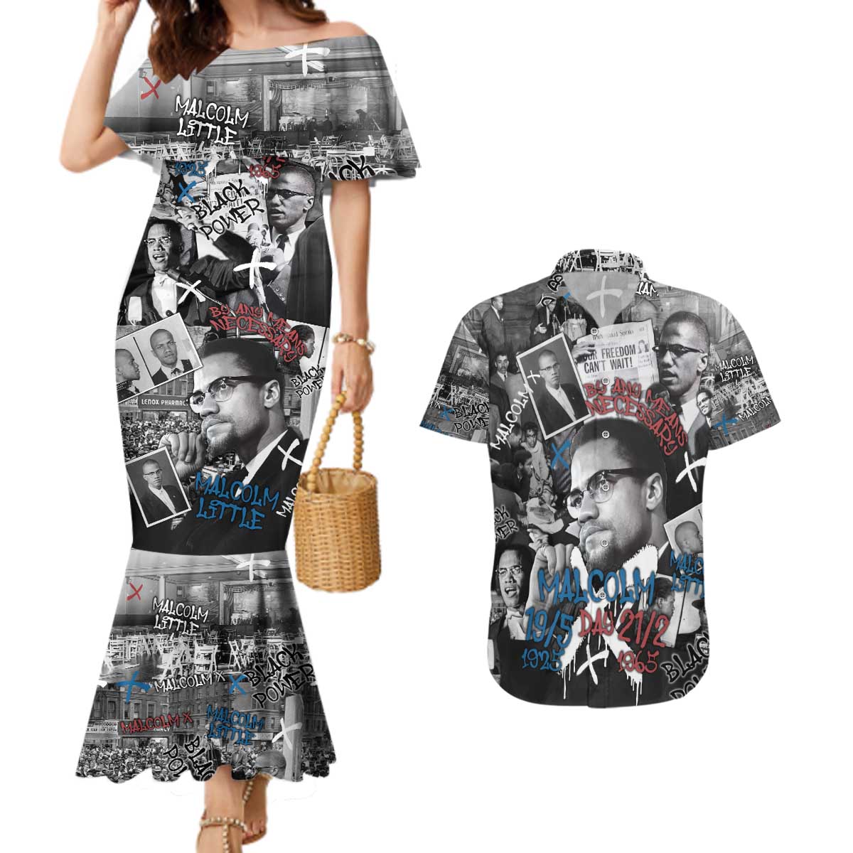 Malcolm X Couples Matching Mermaid Dress and Hawaiian Shirt Quotes Dates and Black History Activist Theme - Wonder Print Shop