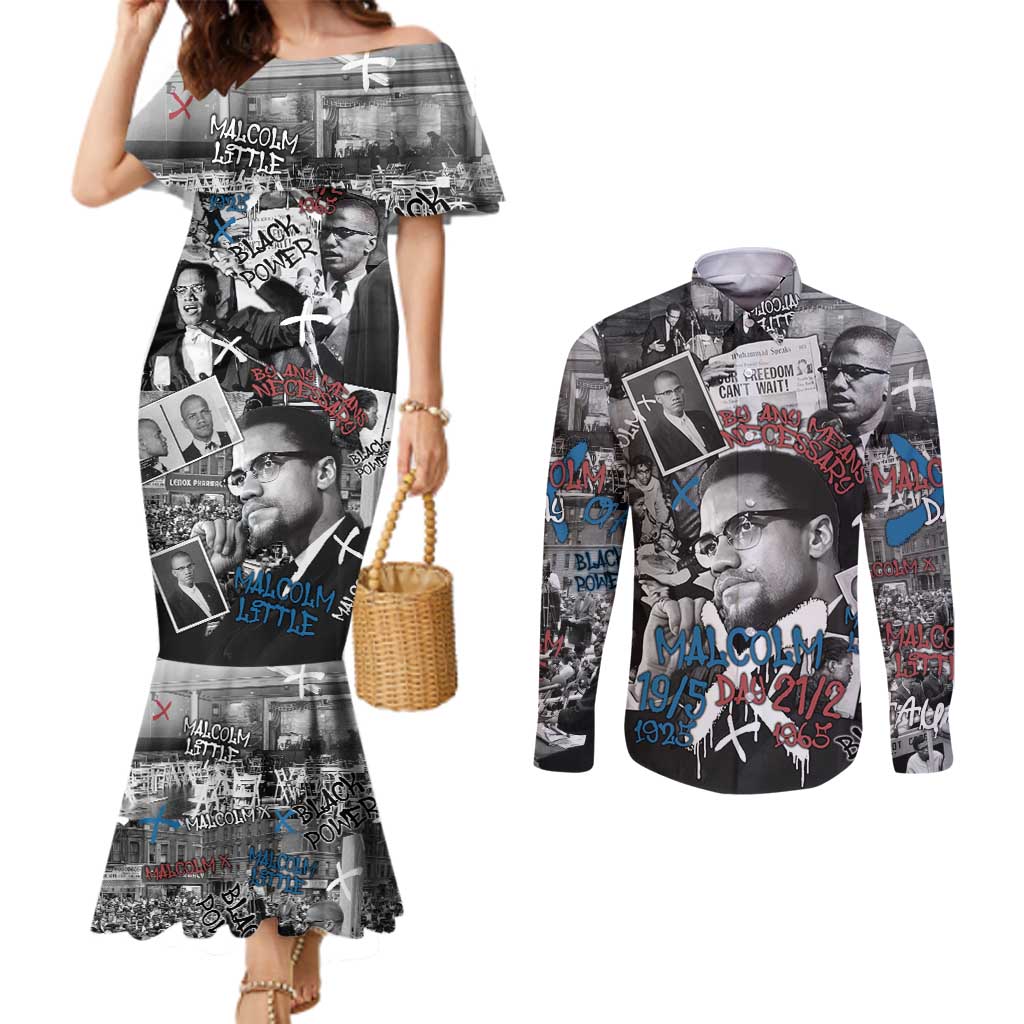 Malcolm X Couples Matching Mermaid Dress and Long Sleeve Button Shirt Quotes Dates and Black History Activist Theme - Wonder Print Shop