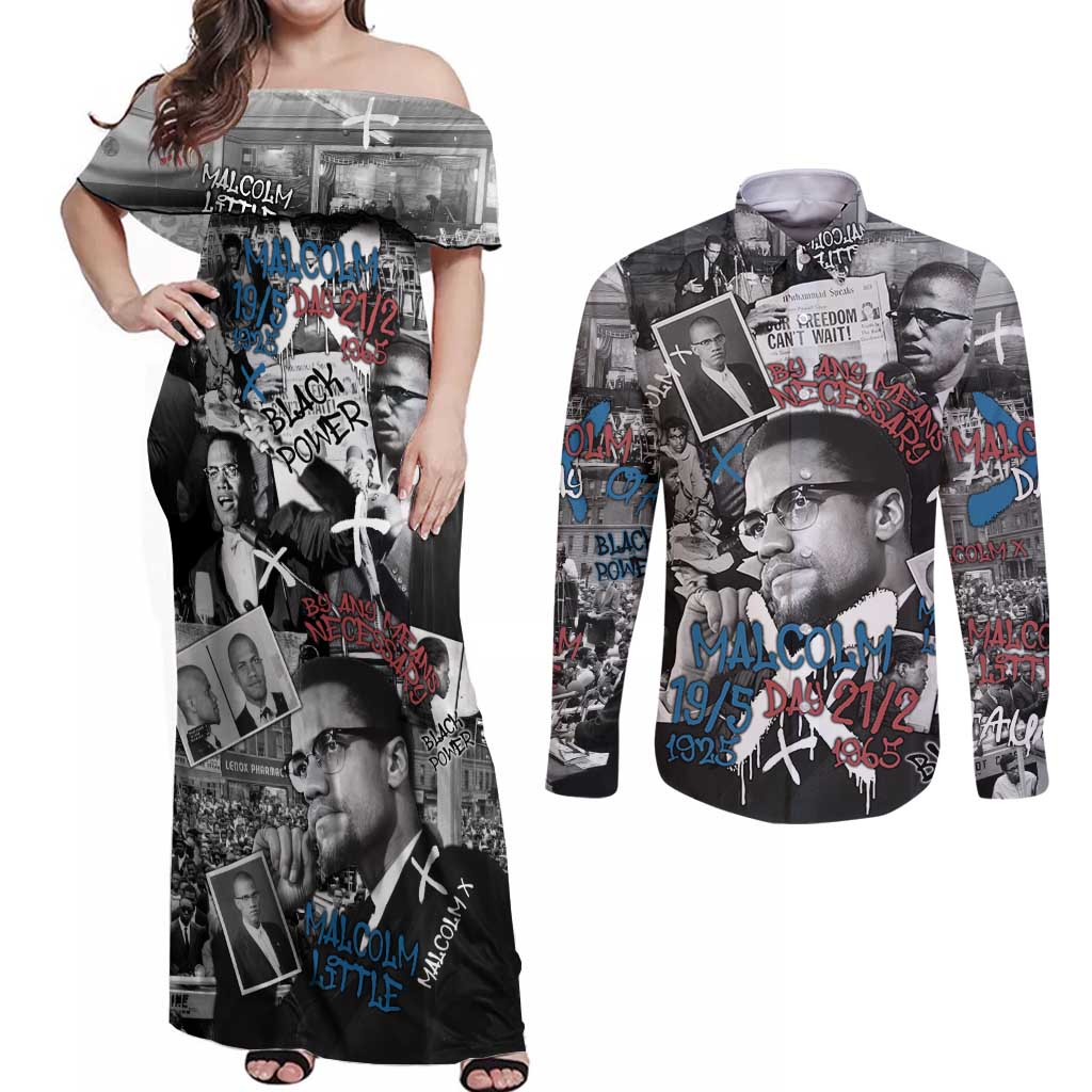 Malcolm X Couples Matching Off Shoulder Maxi Dress and Long Sleeve Button Shirt Quotes Dates and Black History Activist Theme - Wonder Print Shop