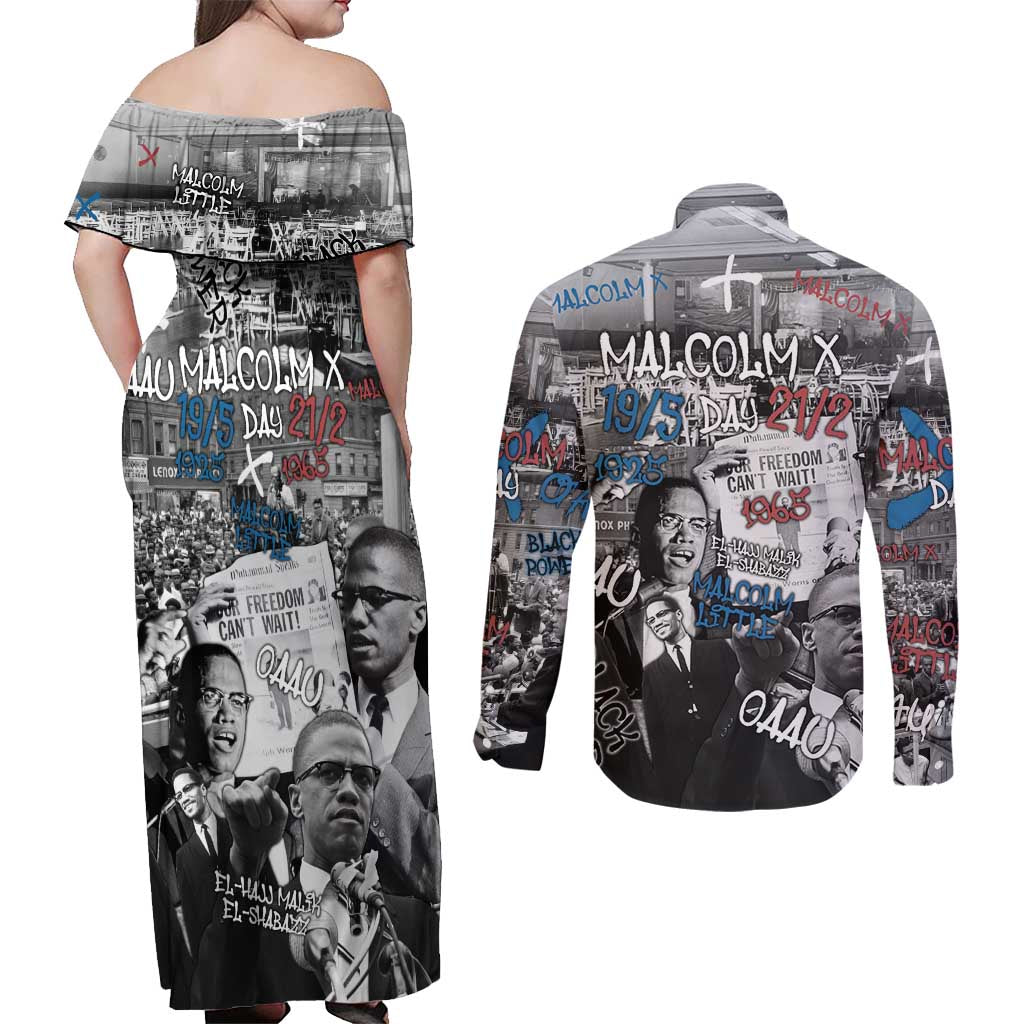 Malcolm X Couples Matching Off Shoulder Maxi Dress and Long Sleeve Button Shirt Quotes Dates and Black History Activist Theme - Wonder Print Shop