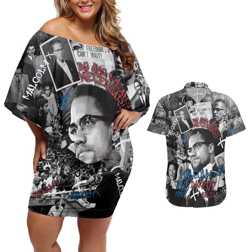 Malcolm X Couples Matching Off Shoulder Short Dress and Hawaiian Shirt Quotes Dates and Black History Activist Theme - Wonder Print Shop