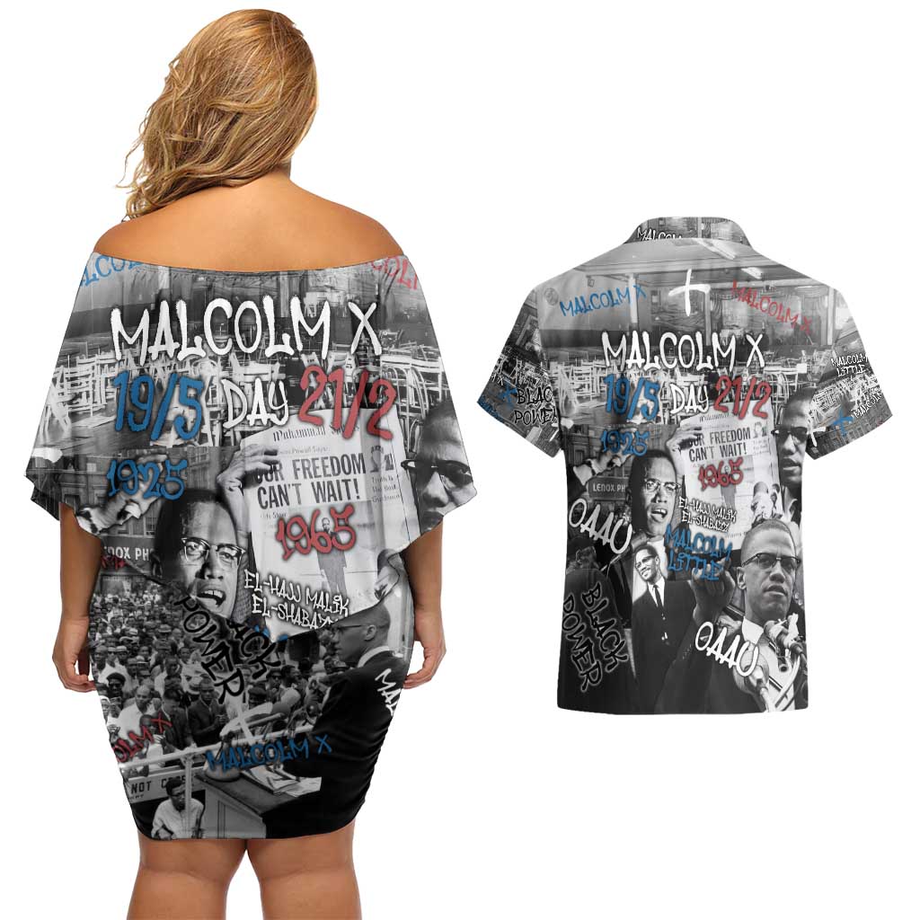 Malcolm X Couples Matching Off Shoulder Short Dress and Hawaiian Shirt Quotes Dates and Black History Activist Theme - Wonder Print Shop