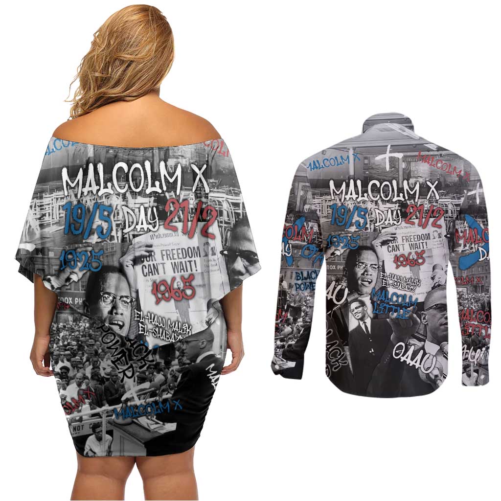 Malcolm X Couples Matching Off Shoulder Short Dress and Long Sleeve Button Shirt Quotes Dates and Black History Activist Theme - Wonder Print Shop
