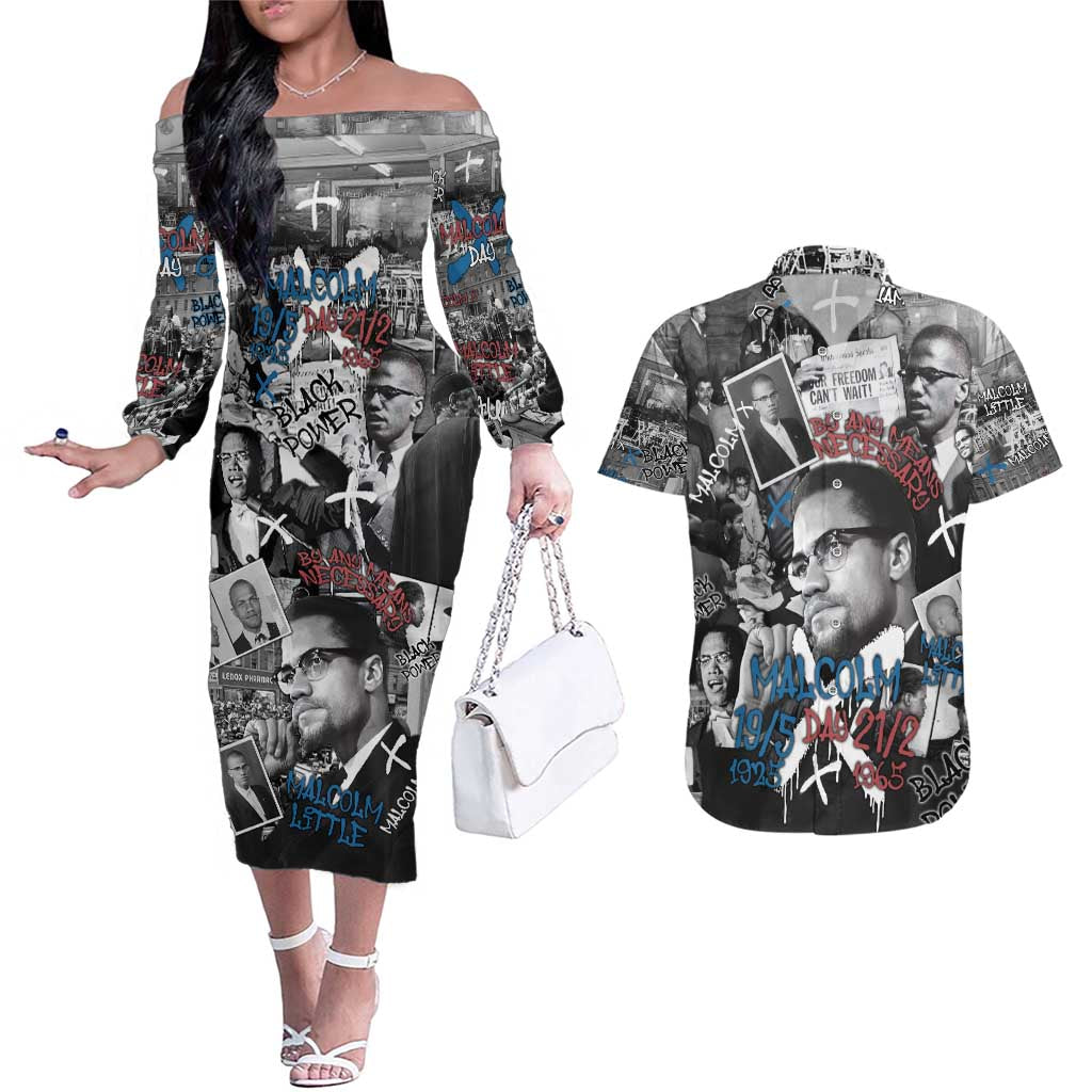 Malcolm X Couples Matching Off The Shoulder Long Sleeve Dress and Hawaiian Shirt Quotes Dates and Black History Activist Theme - Wonder Print Shop