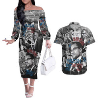 Malcolm X Couples Matching Off The Shoulder Long Sleeve Dress and Hawaiian Shirt Quotes Dates and Black History Activist Theme - Wonder Print Shop