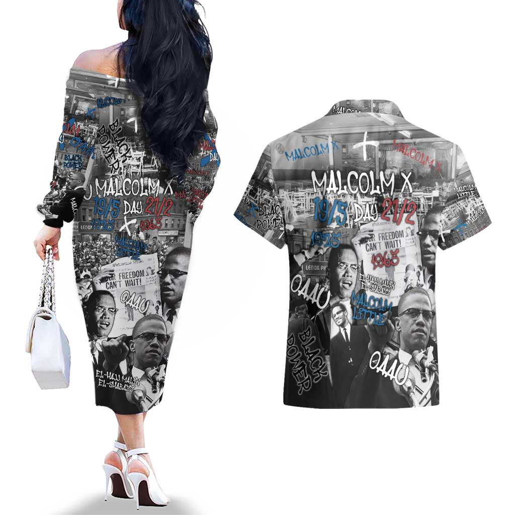 Malcolm X Couples Matching Off The Shoulder Long Sleeve Dress and Hawaiian Shirt Quotes Dates and Black History Activist Theme - Wonder Print Shop