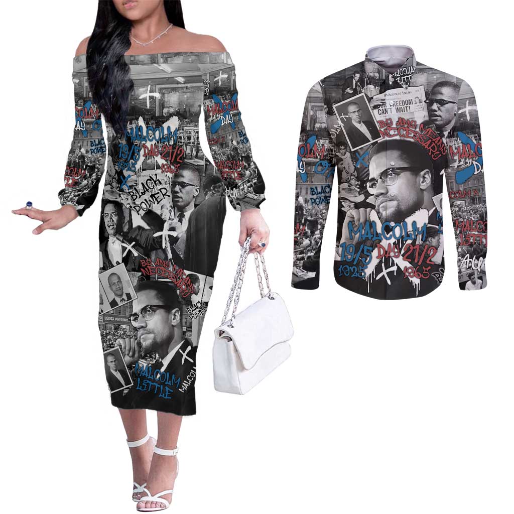 Malcolm X Couples Matching Off The Shoulder Long Sleeve Dress and Long Sleeve Button Shirt Quotes Dates and Black History Activist Theme - Wonder Print Shop