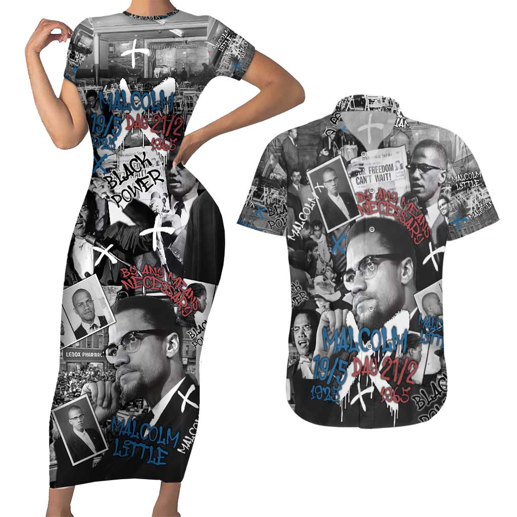 Malcolm X Couples Matching Short Sleeve Bodycon Dress and Hawaiian Shirt Quotes Dates and Black History Activist Theme - Wonder Print Shop
