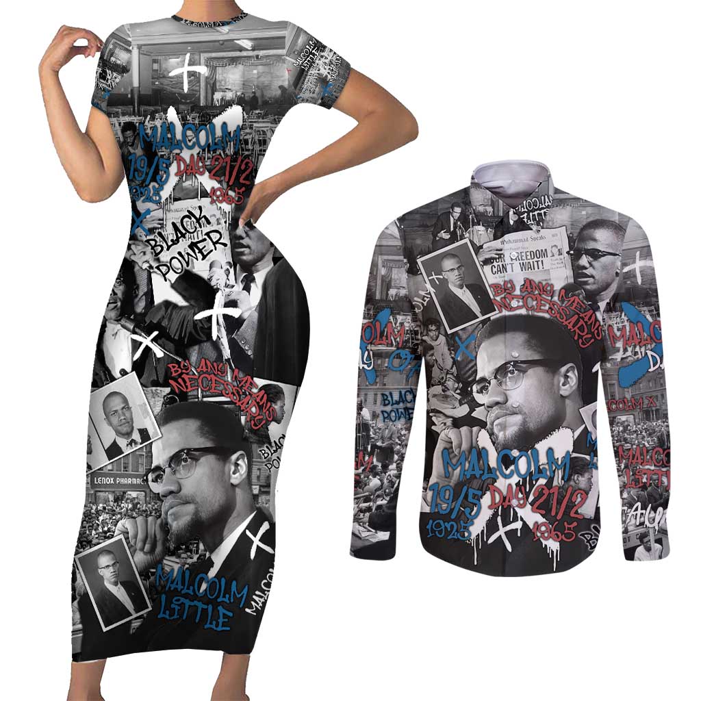 Malcolm X Couples Matching Short Sleeve Bodycon Dress and Long Sleeve Button Shirt Quotes Dates and Black History Activist Theme - Wonder Print Shop
