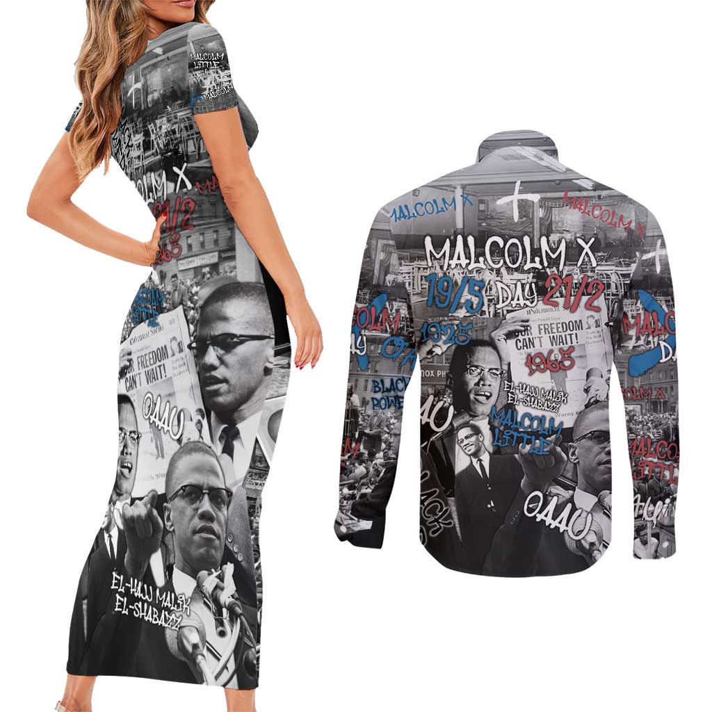 Malcolm X Couples Matching Short Sleeve Bodycon Dress and Long Sleeve Button Shirt Quotes Dates and Black History Activist Theme - Wonder Print Shop