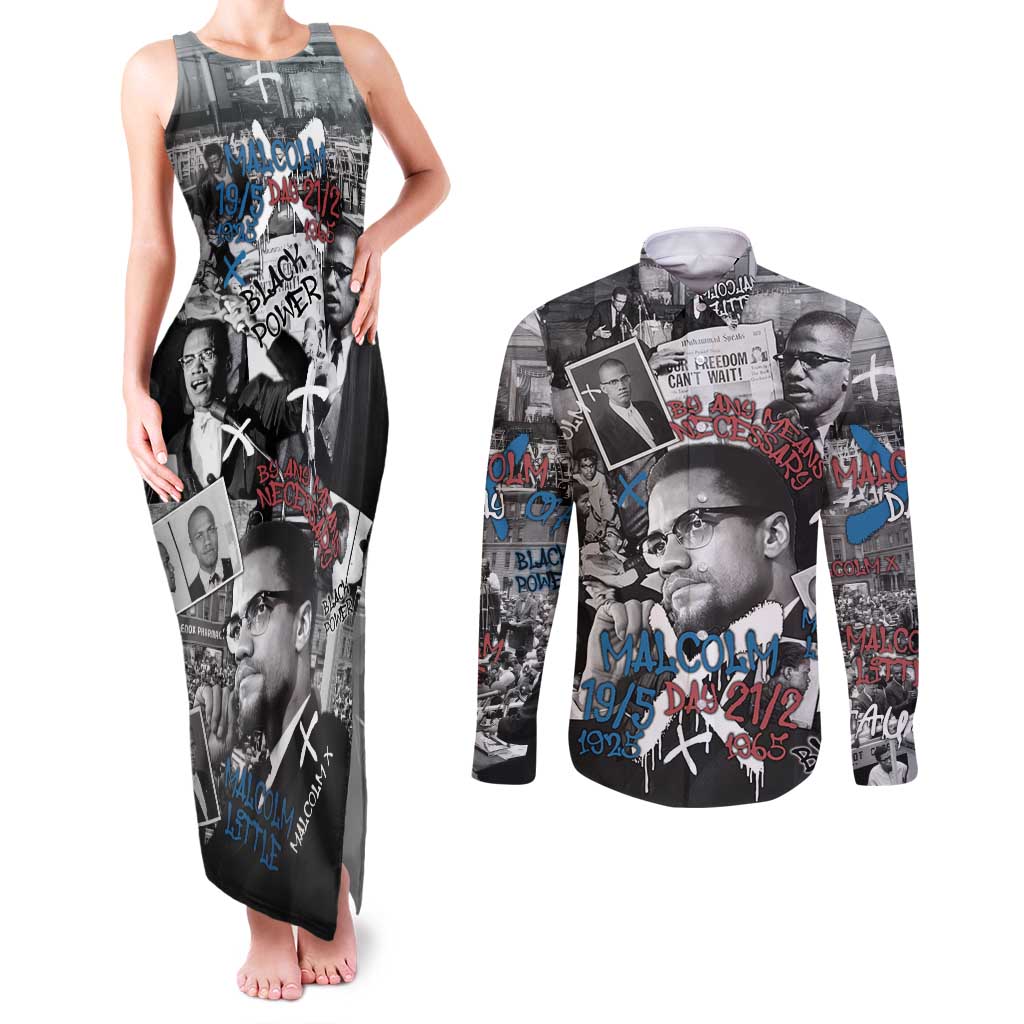 Malcolm X Couples Matching Tank Maxi Dress and Long Sleeve Button Shirt Quotes Dates and Black History Activist Theme - Wonder Print Shop