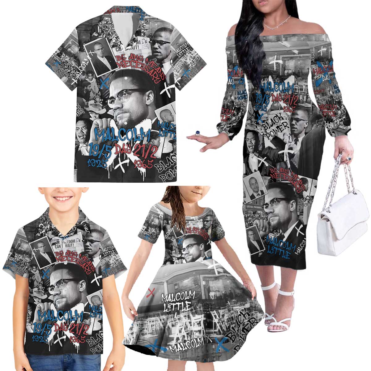 Malcolm X Family Matching Off The Shoulder Long Sleeve Dress and Hawaiian Shirt Quotes Dates and Black History Activist Theme - Wonder Print Shop
