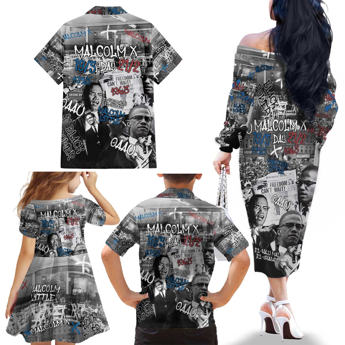 Malcolm X Family Matching Off The Shoulder Long Sleeve Dress and Hawaiian Shirt Quotes Dates and Black History Activist Theme - Wonder Print Shop