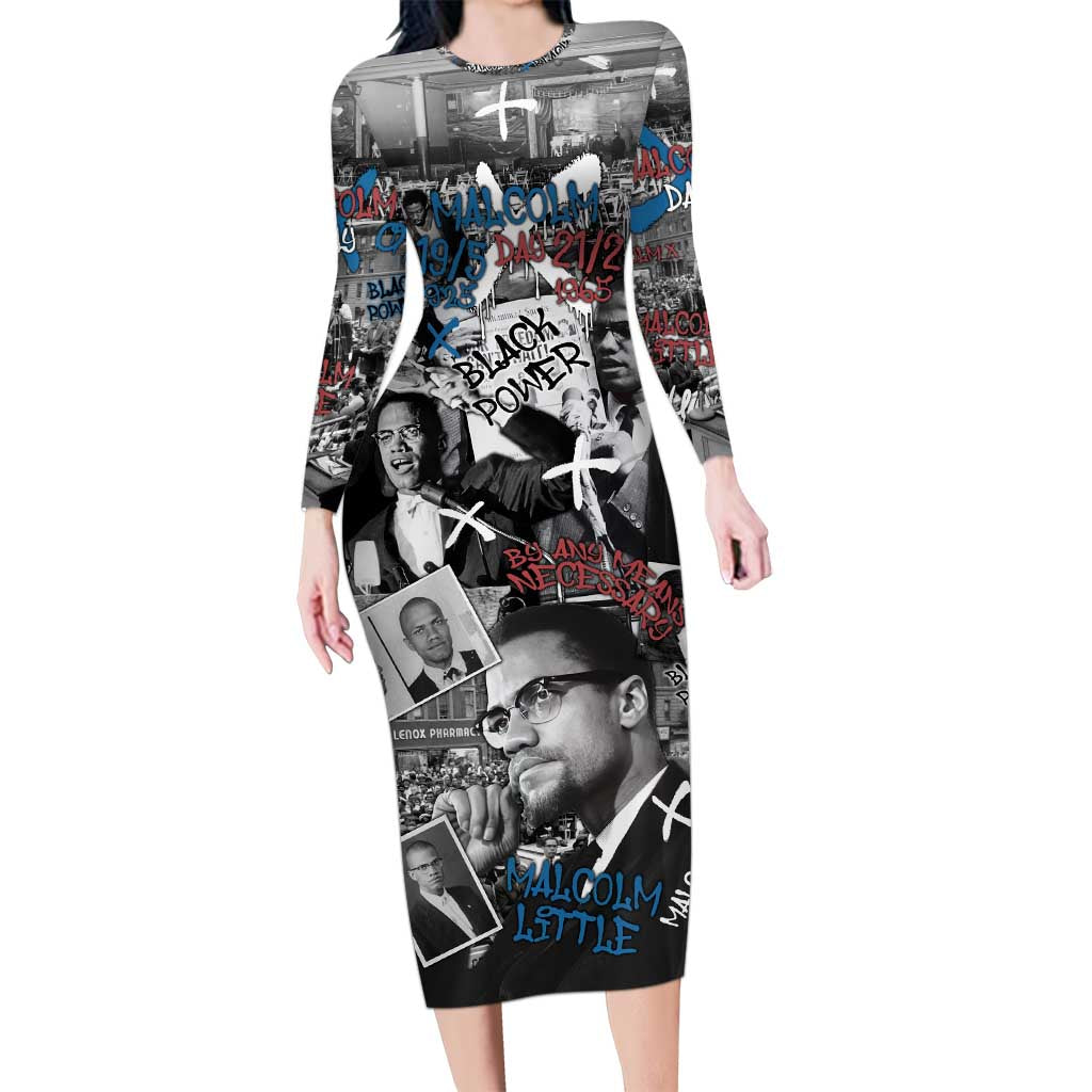 Malcolm X Long Sleeve Bodycon Dress Quotes Dates and Black History Activist Theme - Wonder Print Shop