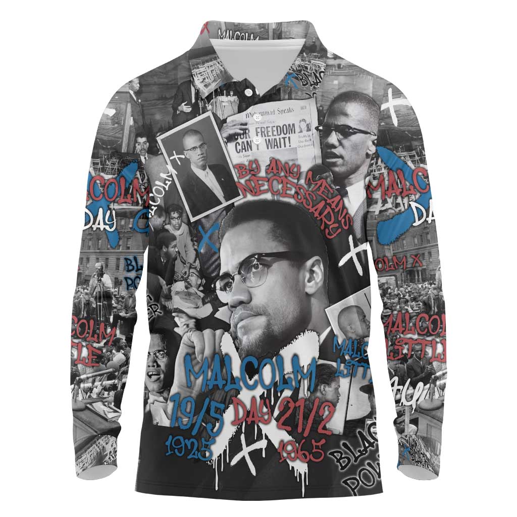 Malcolm X Long Sleeve Polo Shirt Quotes Dates and Black History Activist Theme - Wonder Print Shop