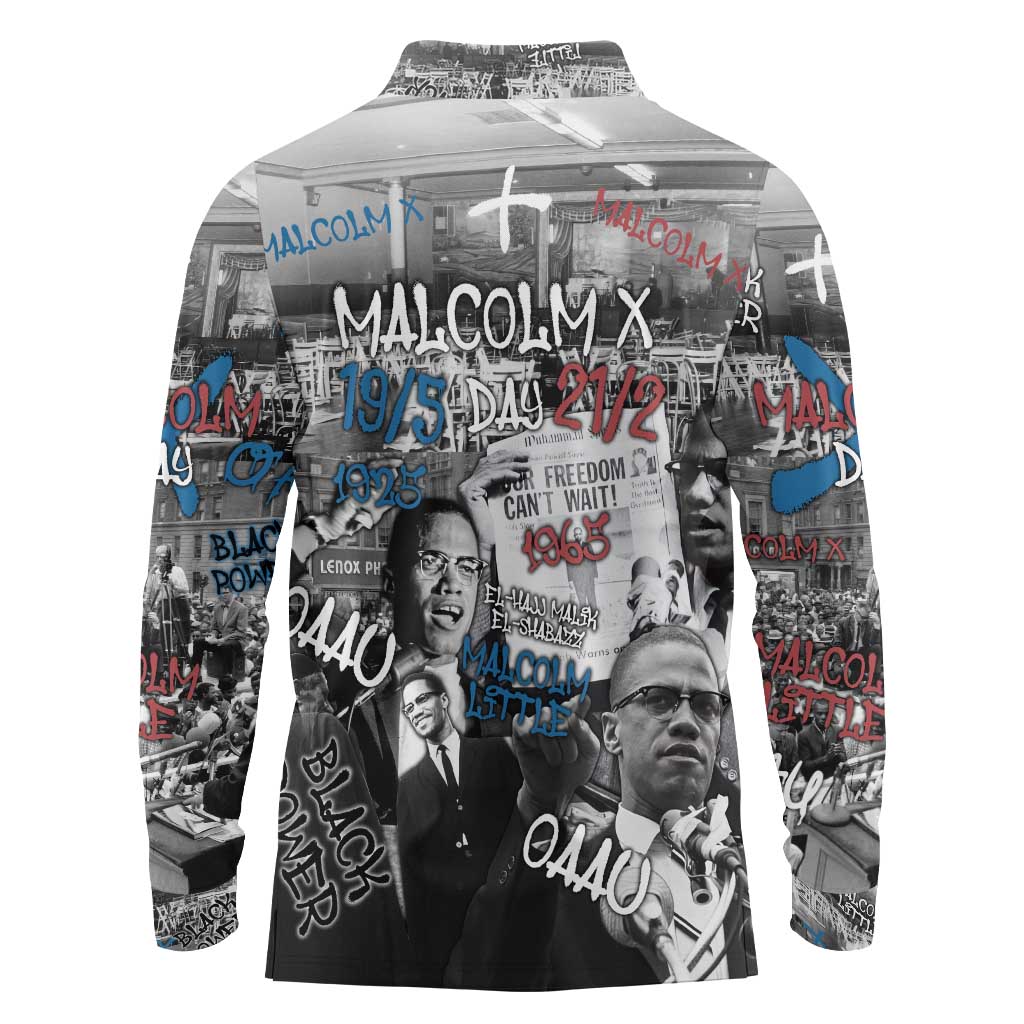 Malcolm X Long Sleeve Polo Shirt Quotes Dates and Black History Activist Theme - Wonder Print Shop