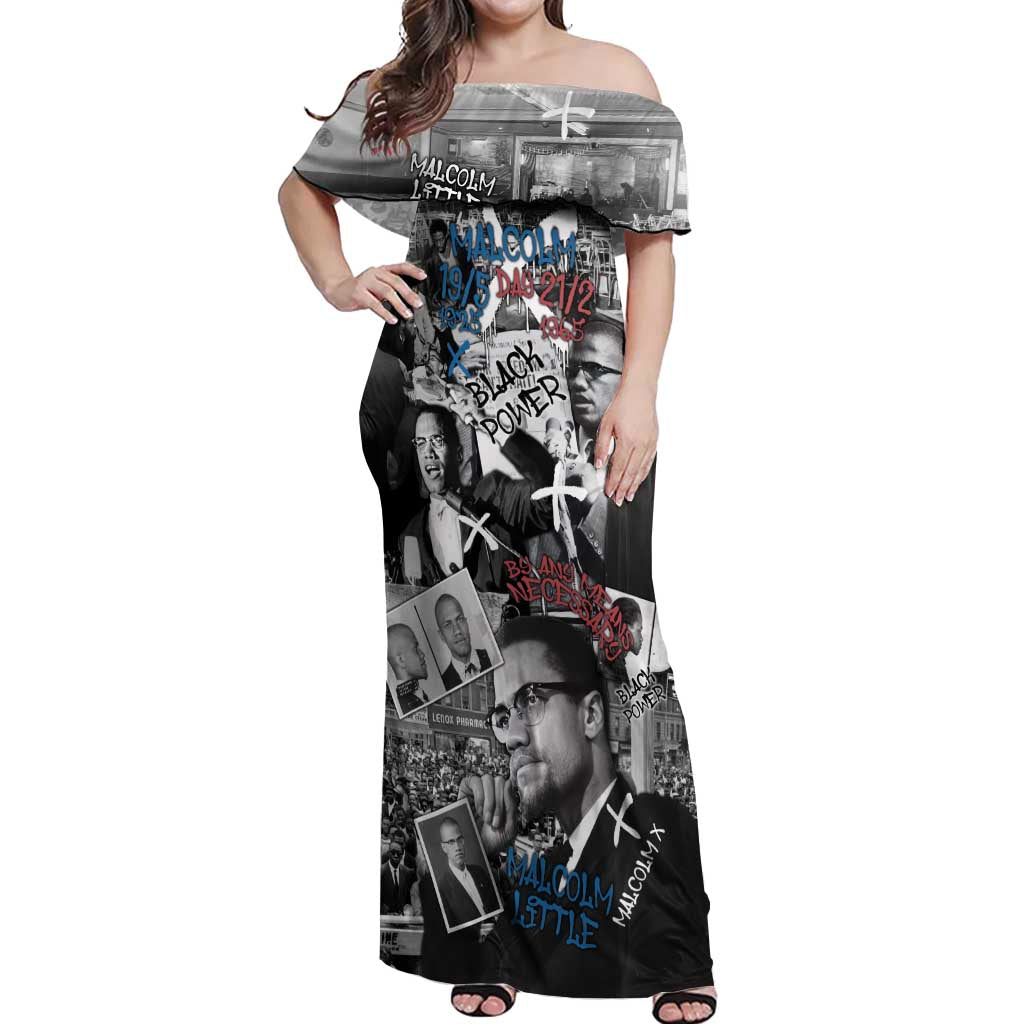 Malcolm X Off Shoulder Maxi Dress Quotes Dates and Black History Activist Theme - Wonder Print Shop