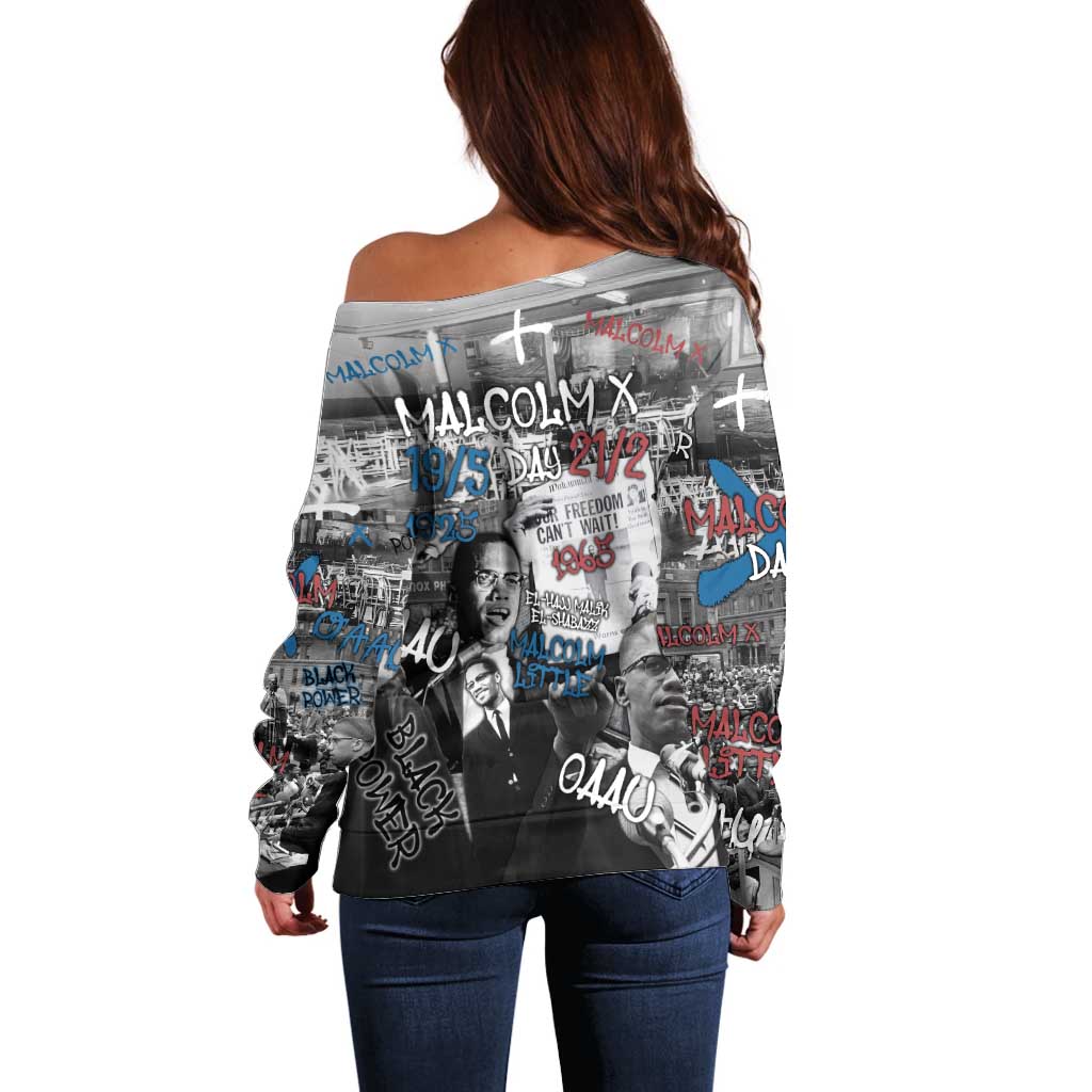 Malcolm X Off Shoulder Sweater Quotes Dates and Black History Activist Theme - Wonder Print Shop