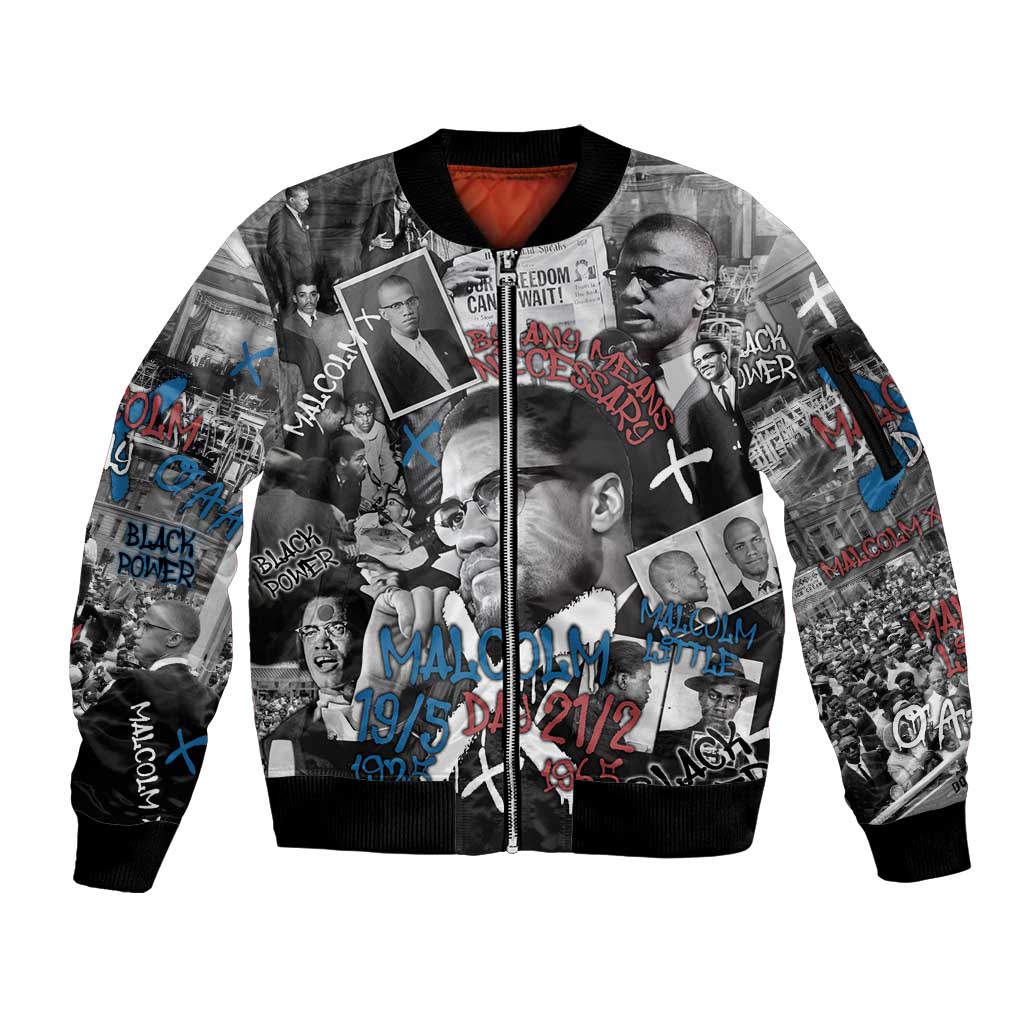 Malcolm X Sleeve Zip Bomber Jacket Quotes Dates and Black History Activist Theme - Wonder Print Shop