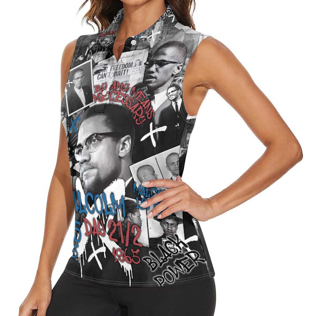 Malcolm X Women Sleeveless Polo Shirt Quotes Dates and Black History Activist Theme - Wonder Print Shop