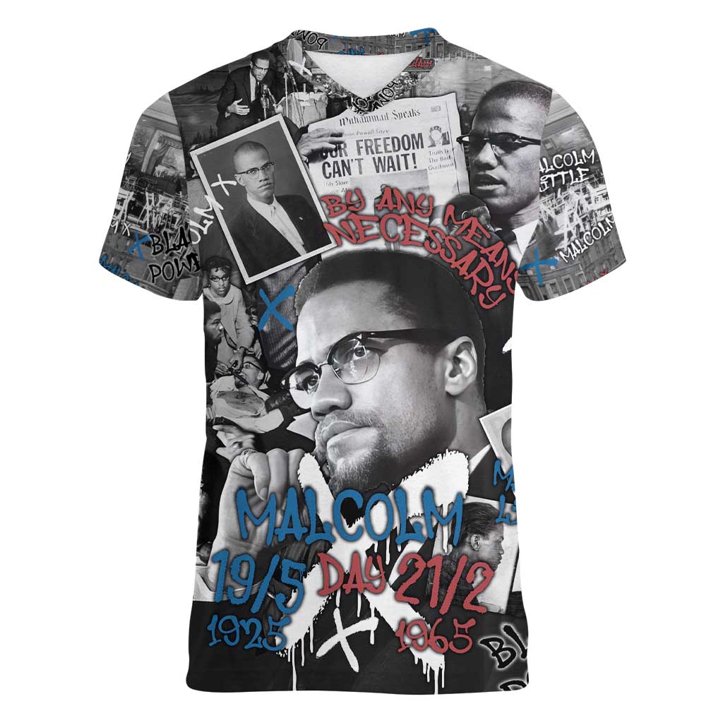 Malcolm X Women V-Neck T-Shirt Quotes Dates and Black History Activist Theme - Wonder Print Shop