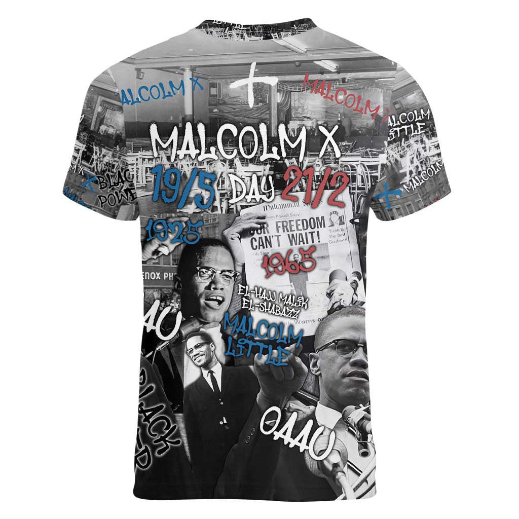 Malcolm X Women V-Neck T-Shirt Quotes Dates and Black History Activist Theme - Wonder Print Shop